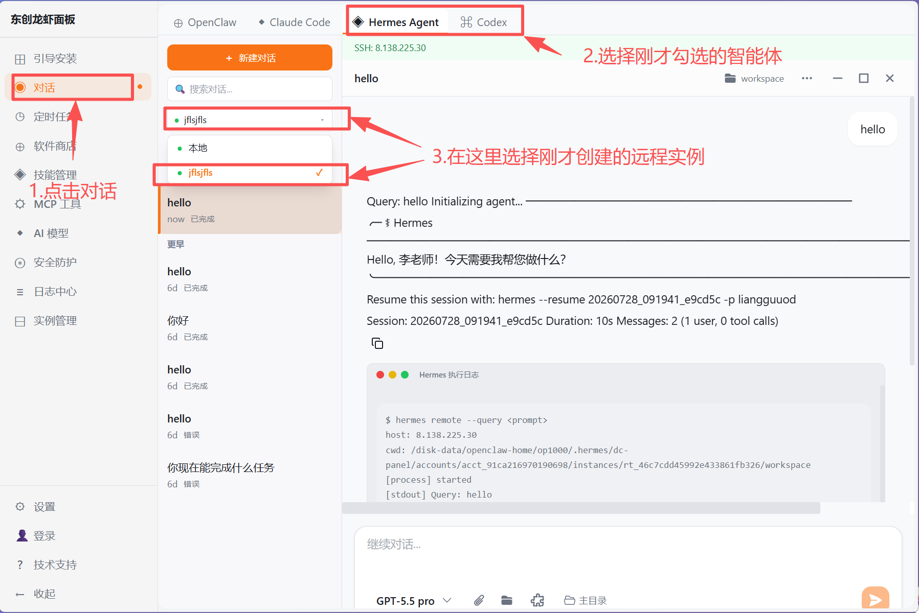 选择对话入口、Agent 和运行实例